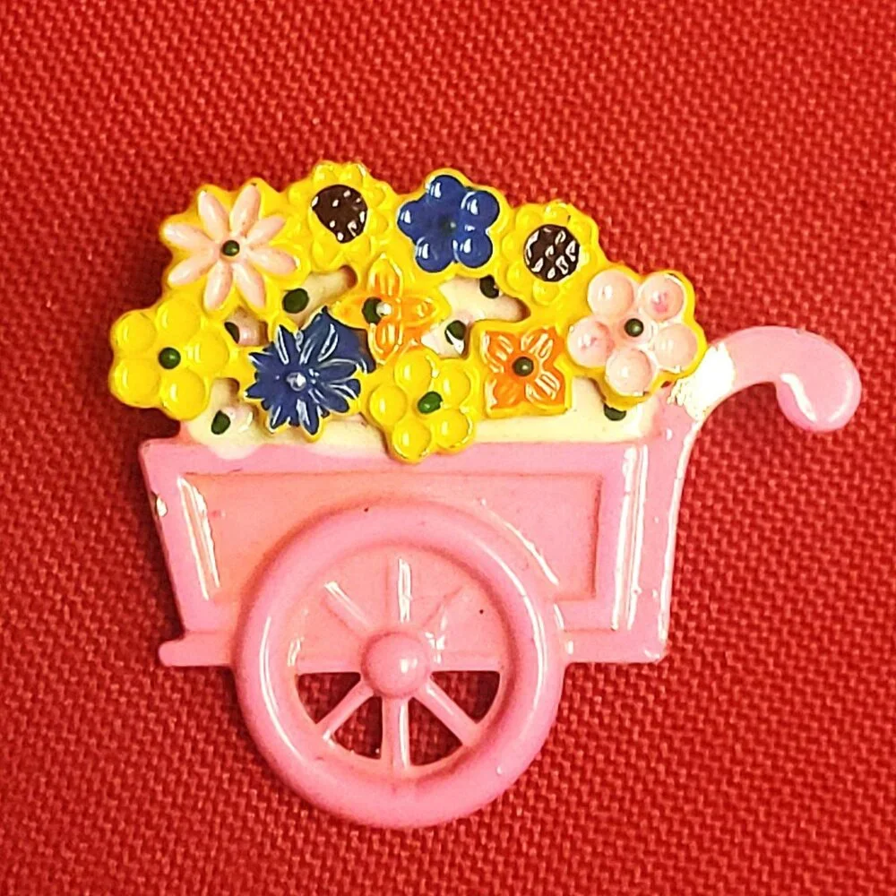Vintage Turtle Flower Wheelbarrow Cart Pin Brooch